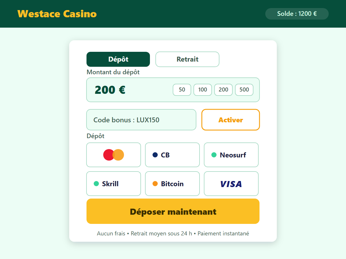 Page de dépôt Westace Casino — méthodes de paiement
